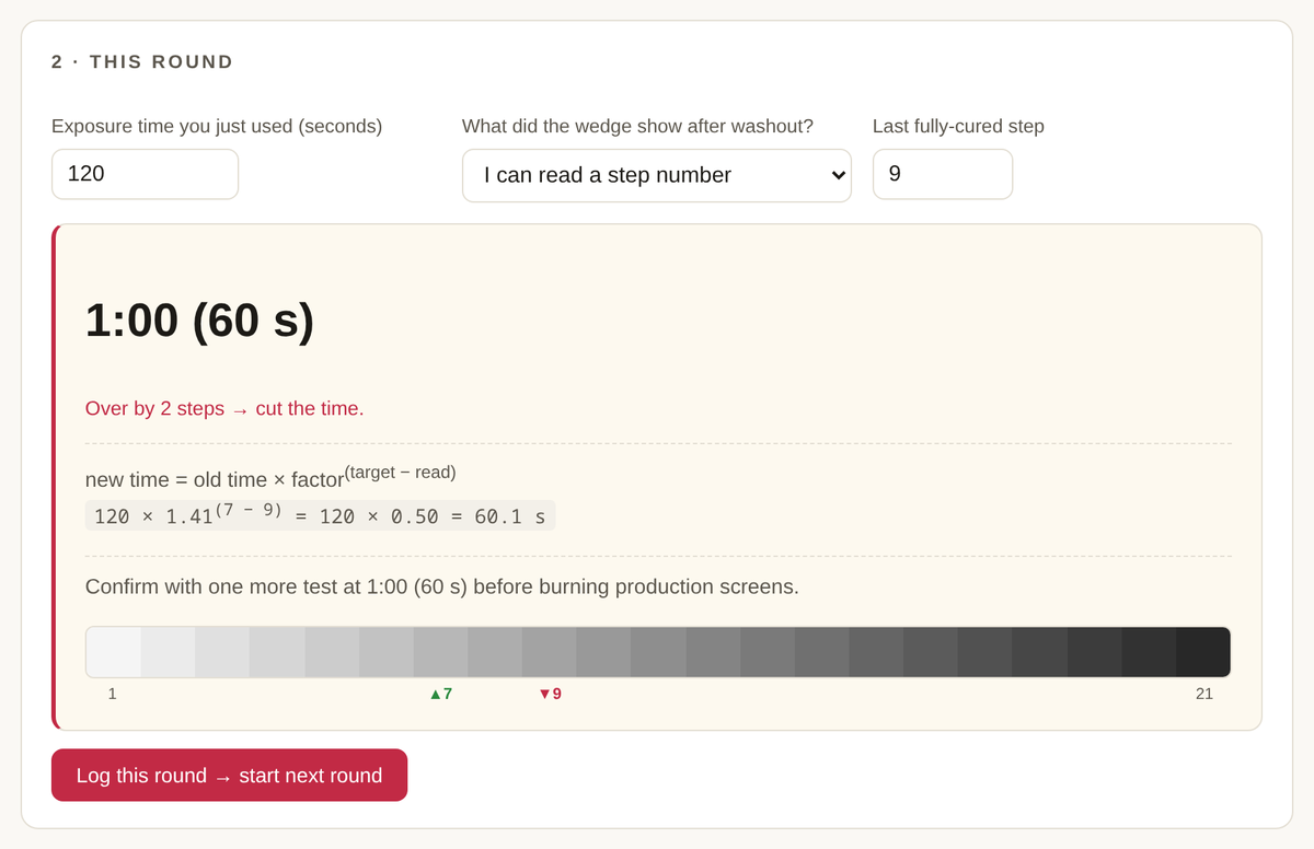 Exposure Time Calculator: 120 seconds exposed, step 9 read against target 7 — corrected to 60 seconds with the formula shown