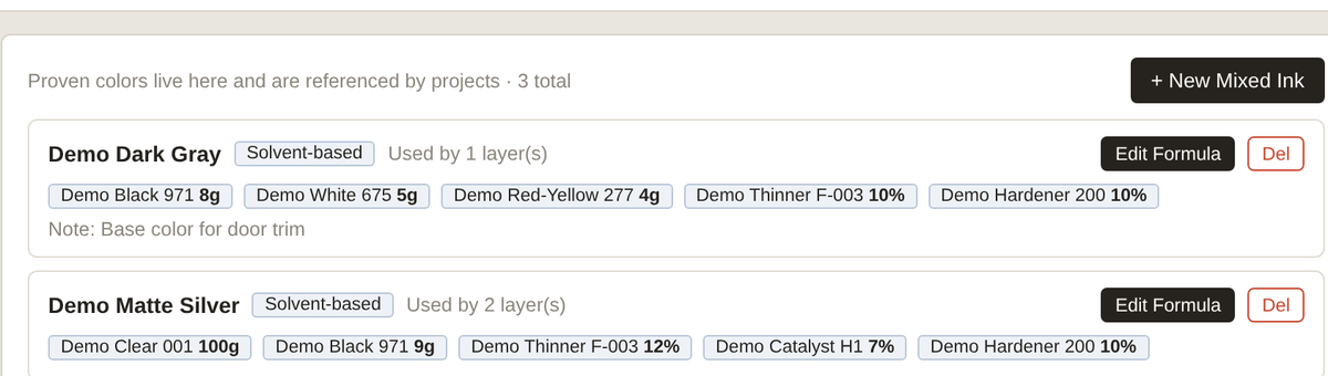 Ink Recipe Manager: the ink library showing mixed-ink formulas with components and percentages