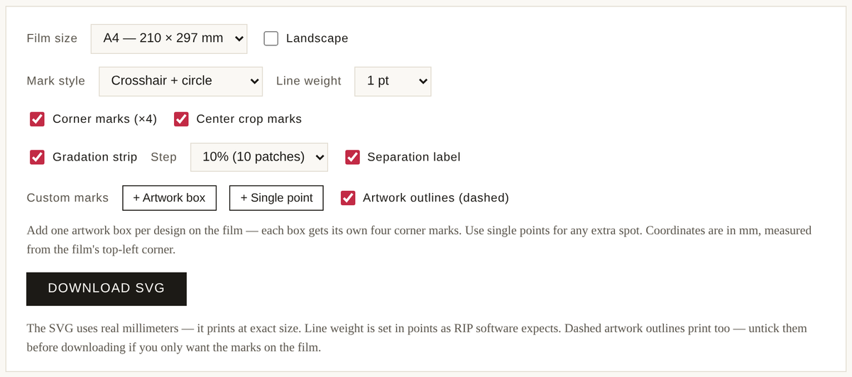 Registration Mark Generator: film size, mark style and template options