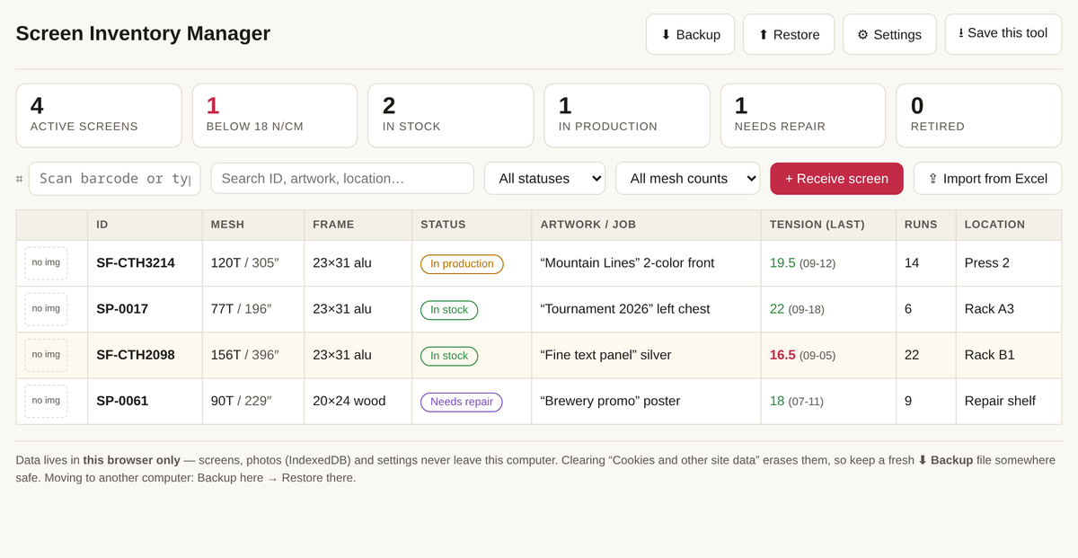 Screen Inventory Manager: the inventory list with ID, mesh, frame, status pills, artwork, last tension in red when below threshold, runs and location
